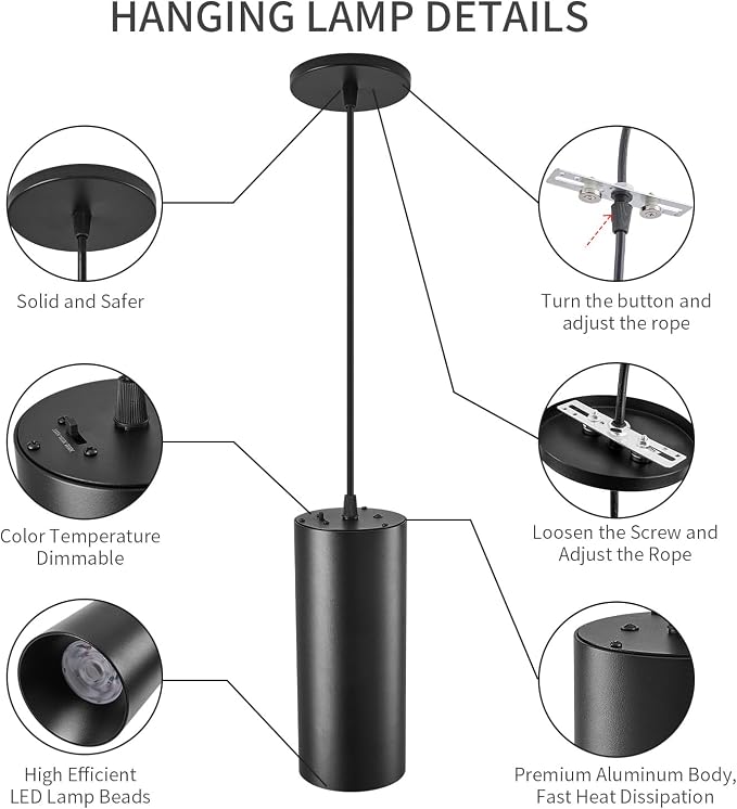 4" Pendant Lights Kitchen Island, 25W Cylinder Hanging Lights with Dipswitch, Modern Eye Care Led Pendant Lamp fixtures for Bedroom, Living Room, Office (Black, 1 Pcs)