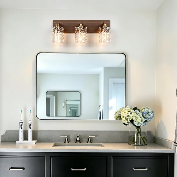 Modern Bathroom Lighting Fixtures Over Mirror, Vanity Lights for Bathroom, Wall Sconces with Clear Glass Shades, E26 Ceramic Socket, 3-Light 19.7-inch Oil-Rubbed