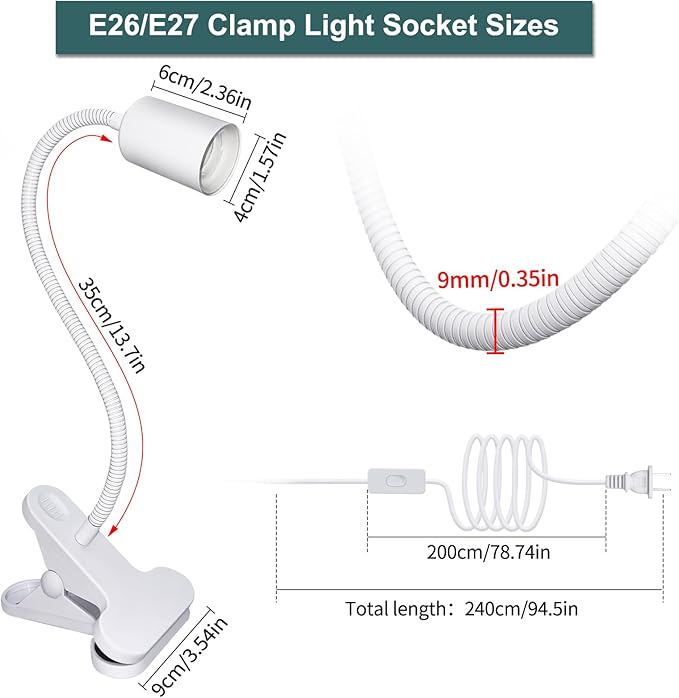Desk Clip Lamp Holder, 240CM Cord Clip Desk Lamp Socket E26 E27 Clamp Light Socket with 9mm Thick Metal Tube Clip Reading Lamp for Office Clip On Grow Lights for Home Lighting, White(No Bulb)