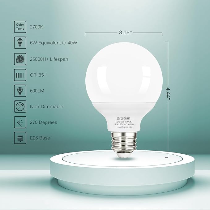 G25 LED Light Bulbs, Round Vanity Light Bulbs for Bathroom, 40W Equivalent, Soft White 2700K, E26 Base, 600LM, Non-Dimmable, 4-Pack