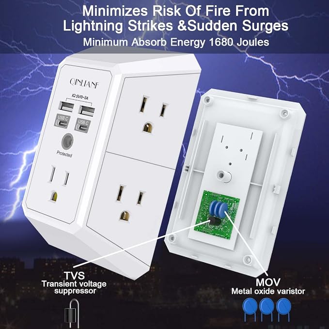 USB Wall Charger, Surge Protector, QINLIANF 5 Outlet Extender with 4 USB Charging Ports(2U2C) 3-Sided 1680J Power Strip Multi Plug Outlets Wall Adapter Spaced for Home Travel Office, White