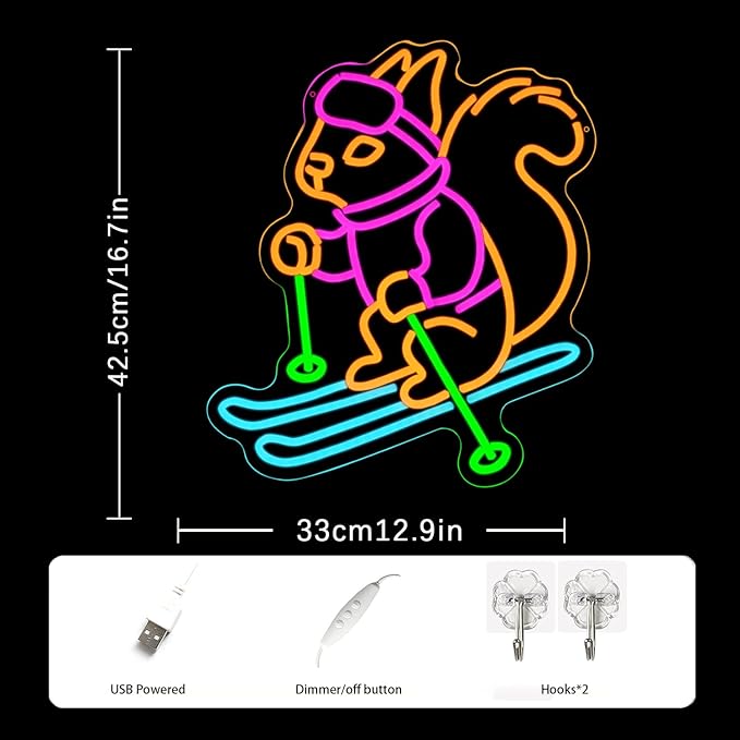 Squirrel Skiing Neon Sign Squirrel Snow Skiing Neon Lights for Kid Room Decor Animal LED Neon Signs for Skiing Shop Wall Art, Snow Skiing Club Led Wall Decor