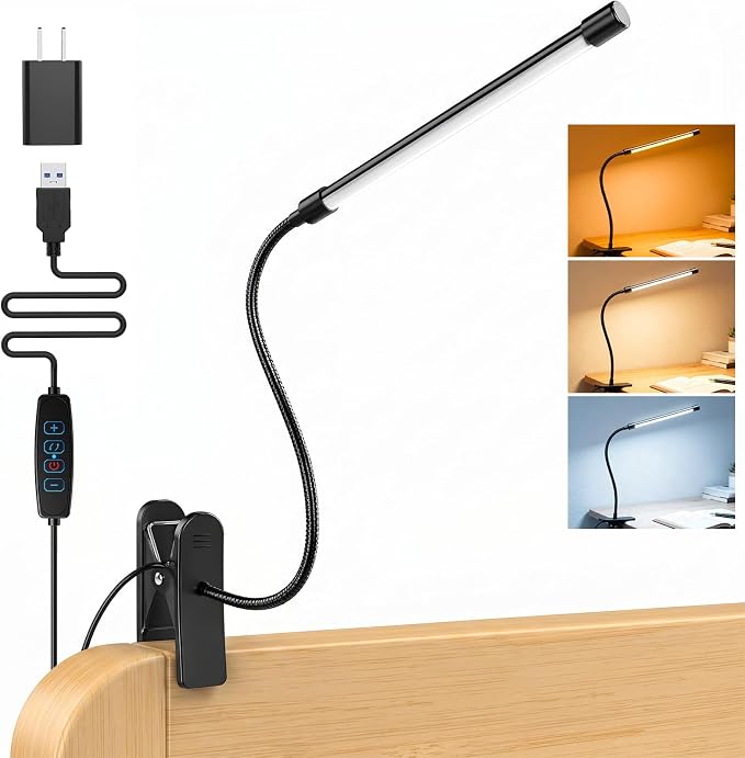 Clip on Reading Light for Books in Bed: Adjustable Dimmable Gooseneck Eye Caring LED Small Desk Table Lamps with Clamp: 3 Modes Lighting Night Lamp for Bed Headboard - Bedside（with Power Adapter）