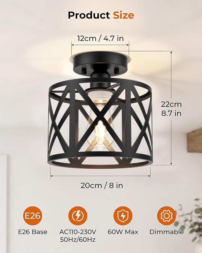 2Pack Farmhouse Semi Flush Mount Ceiling Light Fixture E26 | Black Metal Cage Industrial Suitable for Kitchen, Bedroom, Foyer, Entryway, Laundry Room, Hallway 8 Inch