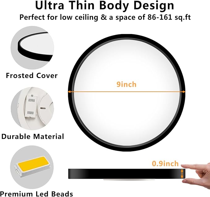 LED Flush Mount Ceiling Light Fixture, 9inch Modern Black Light, 18W 5000K, Low Profile Slim Flat Surface Lights for Bedroom Kitchen Hallway Laundry Stairwell Basement Closet
