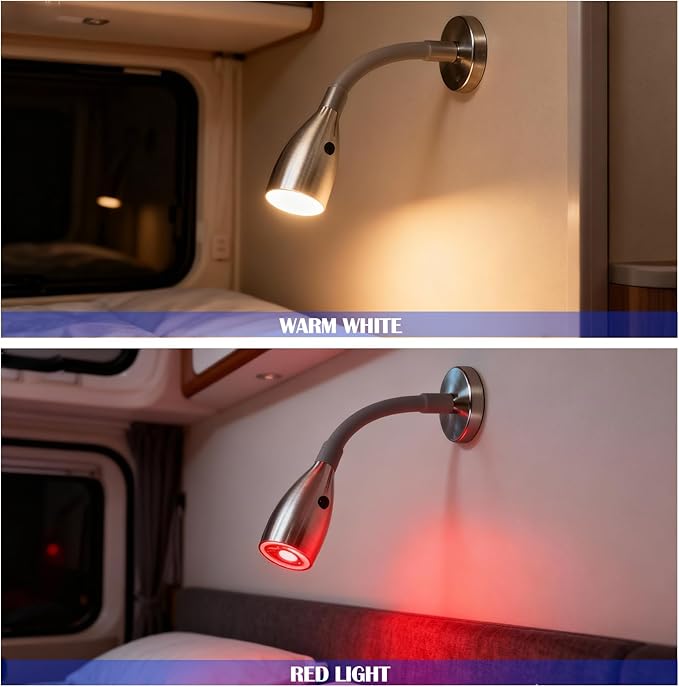THALASSA RV 12V Flexible Gooseneck Reading Light with On-Off Switch Map Red Night Light Mode Install Wall Sconce for 10V-30V System on Caravan Motorhome Trailer Camper Van