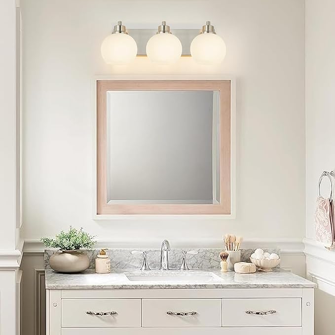 Tuscarora Bathroom Light Fixtures, Brushed Nickel Vanity Light 3 Light with Milk Glass Shade, Over Mirror Lighting for Bathroom