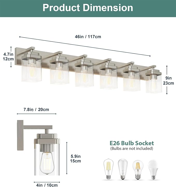 Brushed Nickel Bathroom Light Fixtures, 6 Lights Bathroom Lighting Fixtures Over Mirror, Square Design & Rectangle Large Backplate, Modern Vanity Lighting Fixtures, for Living Room/Bedroom