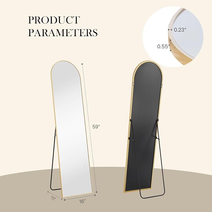 Arched Full Length Floor Mirror, 15.75"x59" Body Wall Mirror Stand | Shatter-Proof Nano Glass, Tall Standing, Hanging or Leaning, Aluminum Alloy Frame for Bedroom, Modern Home Decor, Gold
