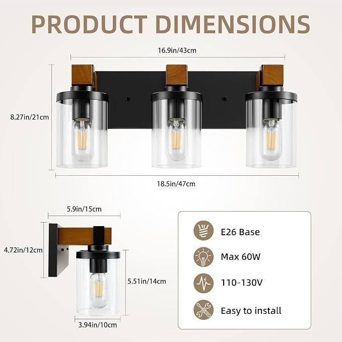 3-Light Farmhouse Bathroom Light Fixtures, Black Bathroom Vanity Light Fixtures Over Mirror, Rustic Sconces Wall Lighting with Clear Glass Shades for Living Room, Bedroom, Hallway