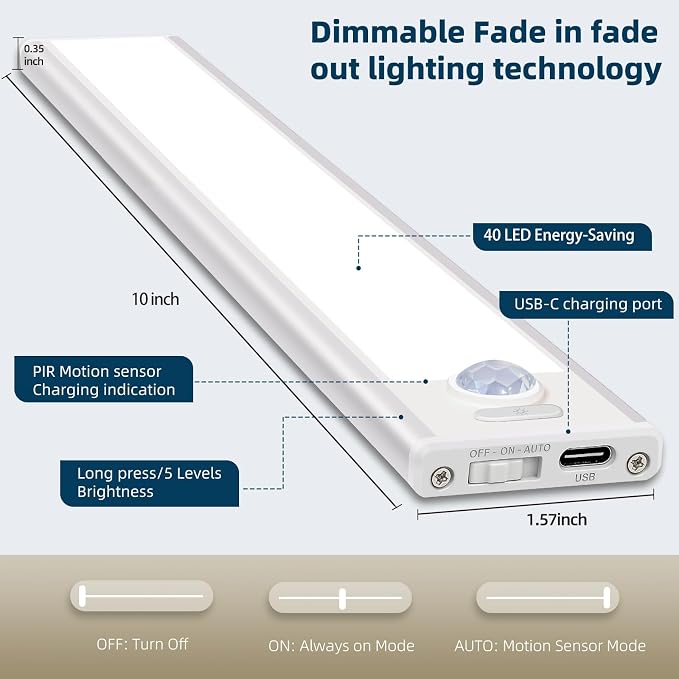 10 inch Dimmable Under Cabinet Lighting, 40 LED Rechargeable Battery Motion Sensor Light Indoor, Stick On Magnetic Closet Lights, Under Counter Lights for Kitchen, Stairs, White Light 5 Pack