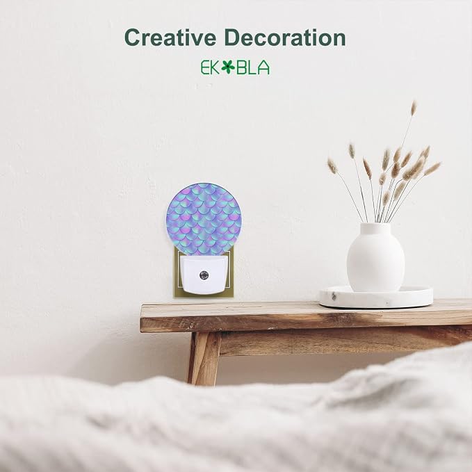 EKOBLA Mermaid Scales Night Light, Pink Purple and Blue Fish Scales Night Lights Plug Into Wall with Dusk to Dawn Sensor, Warm Nightlights for Bedroom, Bathroom, Hallway