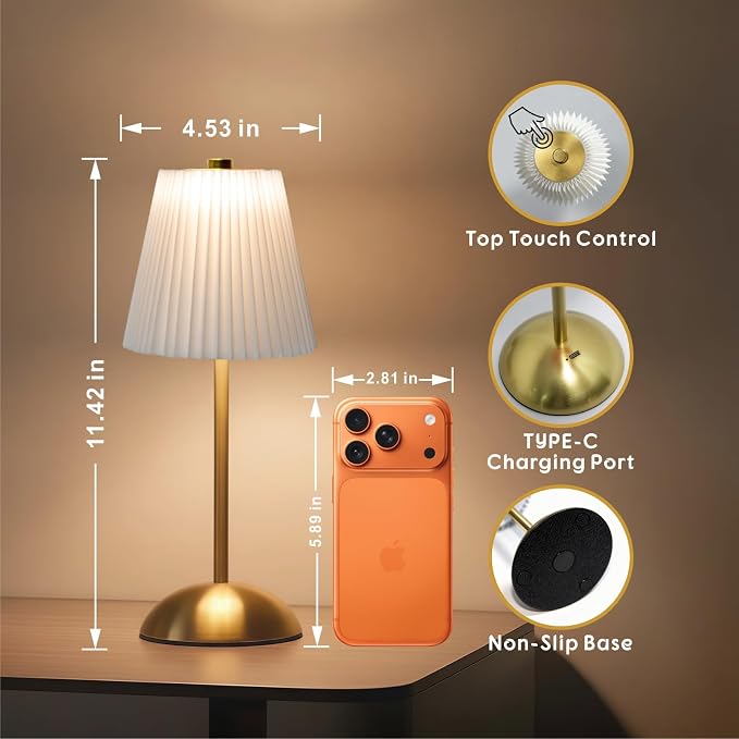 2-Pack Cordless Rechargeable Table Lamps, Battery Operated Lamp | LED Gold Touch Lamp Cordless, Mini Battery Powered Lamp Stepless Dimming, Cocktail Table Lamps for Nightstand, Bar (White)