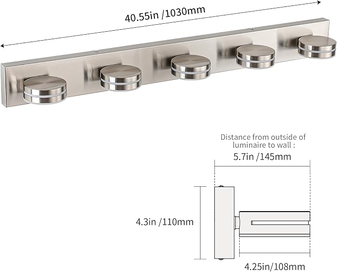 Brushed Nickel Bathroom Light Fixtures Over Mirror, 5-Light | LED Dimmable Bath Lights, Modern Wall Mounted Lighting Fixture with Rotating Lamp Head, Acrylic Metal, 5CCT 40.55in