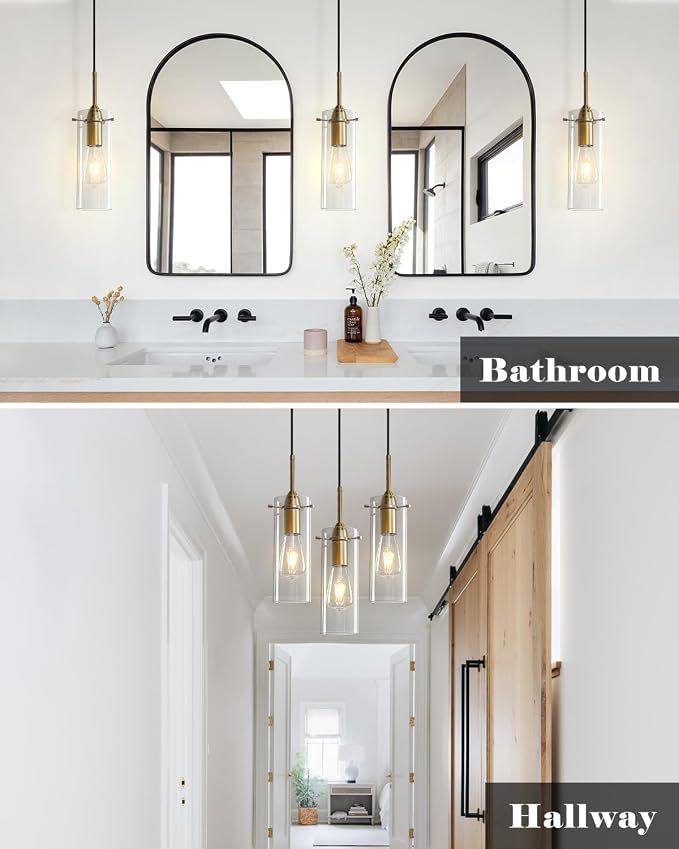Gold Glass Pendant Lights, Island Pendant Lights for Kitchen, Blown Glass Pendant Light 2 Packs, Modern Kitchen Pendant Light, Hanging Pendant Lights for Kitchen Island, Dining Living Room