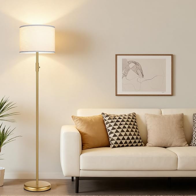 【Upgraded】 Dimmable Gold Floor Lamps for Living Room, 9W LED Bulb Included, Modern Standing Lamp with White Lamp Shade, Tall Pole Light for Bedroom Reading Office Corner Nursery