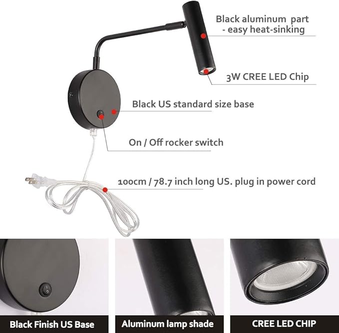 Joossnwell Wall Lights with Plug in Cord, Industrial Wall Lamps for Bedroom with on Off Switch Warm White 3000K Black-1 Pack