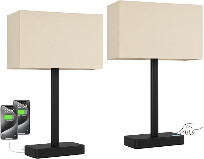 Hong-in Touch Lamps for Bedroom - 3-Way Dimmable Bedside Lamps Set of 2 with USB C+A, Beige Modern Table Lamp for Night Stands, Desk Lamp for Living Room Nightstand End Tables Bed Side