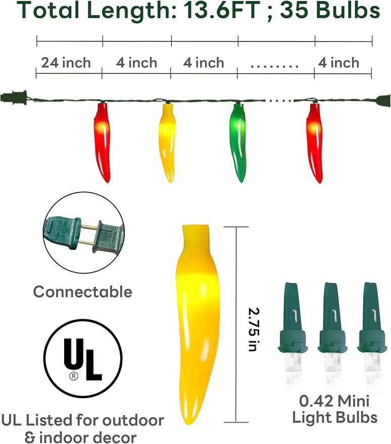 Multi-Colored Chili Pepper Halloween String Lights,13.6FT Chili Pepper Cluster Lights with 35 Chili Pepper Bulbs for Outdoor/Indoor Kitchen Garden Patio Christmas Decor