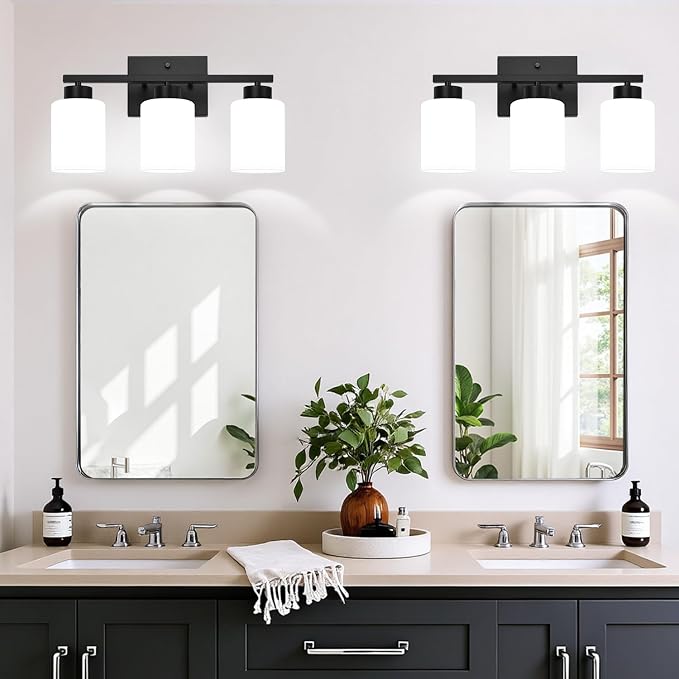 3-Light Bathroom Light Fixtures, Black Vanity Light with Milky White Frosted Glass Shades, Bathroom Wall Lamp with E26 Socket, for Mirror, Living Room, Bedroom