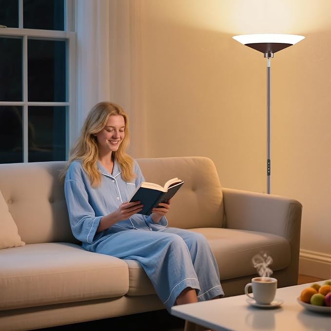 Brown Torchiere Floor Lamp - 30W Dimmable LED Standing Lamp with Remote, 4 Color Temps, Stepless Dimming, 3000-6500K, 1800LM, 72in Tall Floor Light for Office Bedroom Living Room Corner
