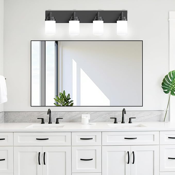 Bathroom Light Fixtures, Matte Black Bathroom Lighting Fixtures Over Mirror, Modern Vanity Light with White Glass Shade, Restroom Lighting Fixtures, 4-Light 30-inch