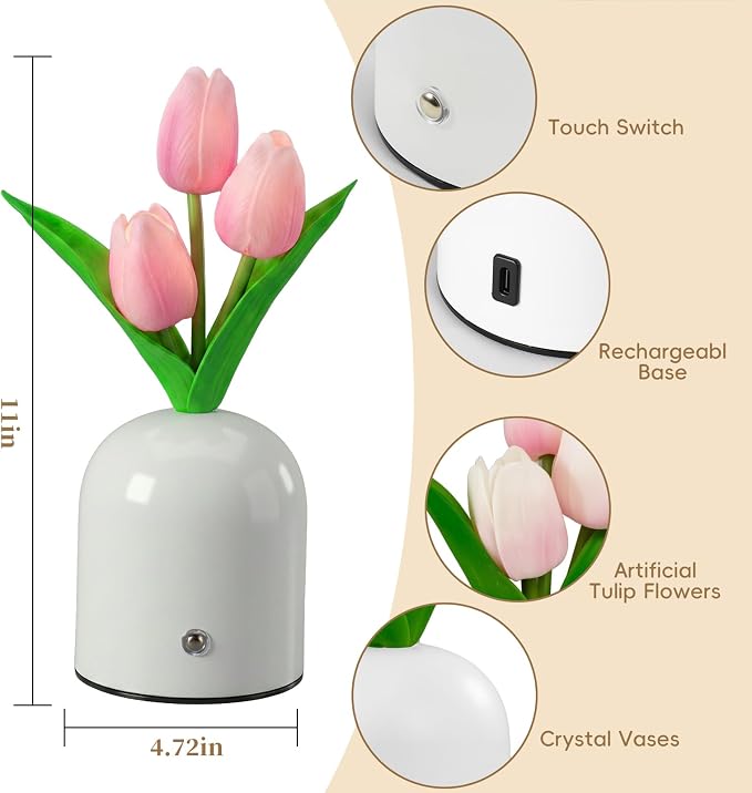 Birthday Gifts for Women/Mom Table Lamp, 3 Color Crystal Flower Bedside Lamps Infinitely Dimming with USB Charge Small Night Light,Nightstand Touch Lamp for Bedroom (S-Pink)