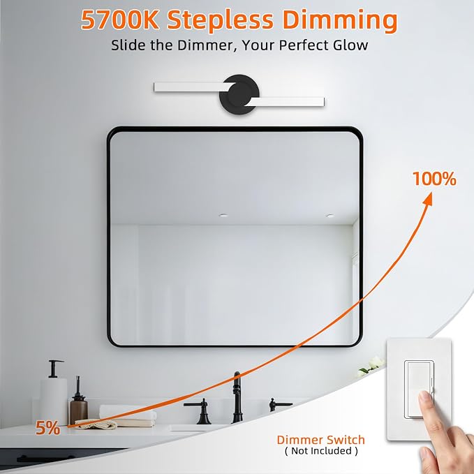 Bathroom Lighting Fixtures Over Mirror: 20 Inch Rotatable Bathroom Vanity Light ETL Listed - Modern Black Vanity Lighting Fixtures 5700K Cool White 2100LM 24W IP44 - LED Vanity Light Dimmable, 2 Pack