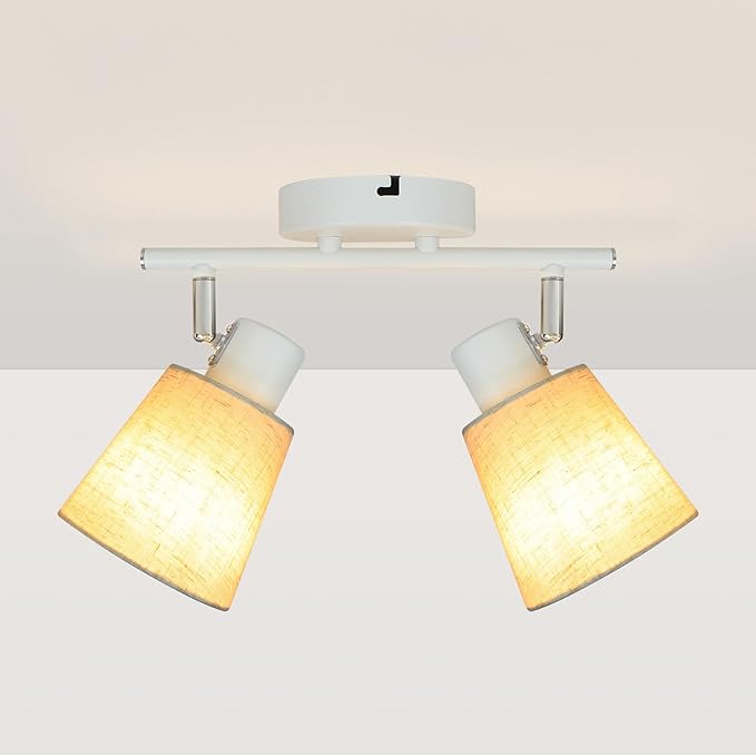 LTBLIGHT 2-Light Track Lighting, Flexible Adjustable Ceiling Light with White Linen Shade, Simplicity Spotlight for Bedroom Art Display Vanity, E26 Base (Bulbs Not Included)