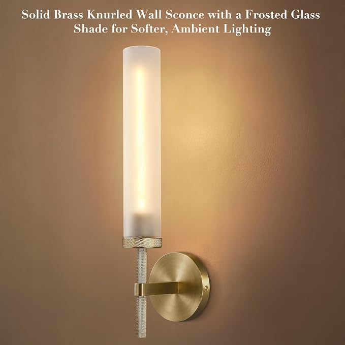 Brass Hardwired Frosted Glass Bathroom Wall Sconces 2 Pack, Modern 20'' Indoor Knurled Wall Sconce, Glass Vanity Light, for Living, Bedroom, Hallway, Staircases,Bulb Included