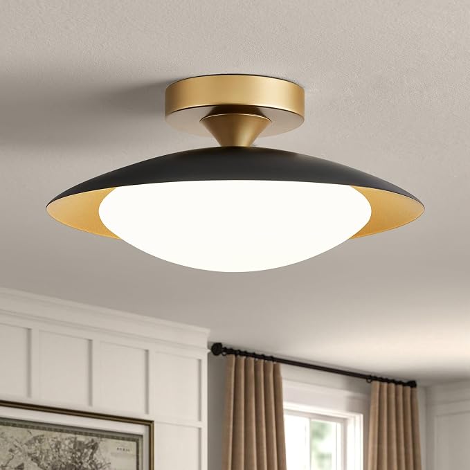 YURNYQ Dimmable Modern LED Black and Gold Ceiling Light Fixture 11.81 in | Glass Shade Kitchen Semi Flush Mount Ceiling Light Fixture,5CCT In One Light Fxiture for Hallway Bedroom Laundry Room Foyer