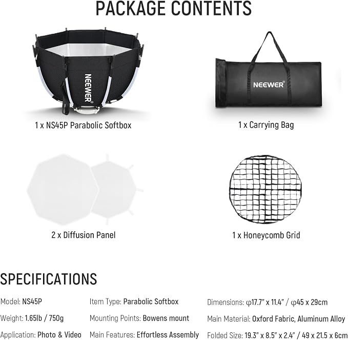 NEEWER Octagonal Softbox Kit, 17.7" Parabolic Soft Box with Light Diffusers for Studio Photography Video Recording Streaming Lighting Compatible with Aputure 120d Compatible with Godox SL60w, NS45P