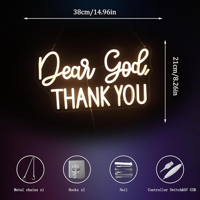 Dear God Thank You Neon Sign Led Dimmable Decorative Neon Lights, Inspirational Office Desk Decor Lights for Office Home Living Room Classroom, Christian Gifts,Christmas' Birthday Gift (Warm white)