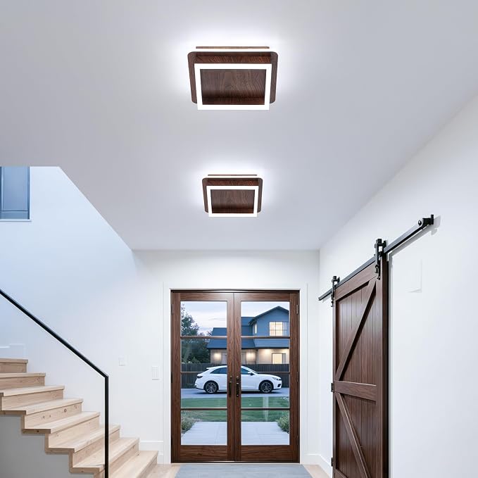 CANEOE Square Modern LED Light Fixture, 32W Flush Mount Hallway Light, 6000K Small Close to Ceiling Lamp for Living Room, Bedroom, Kitchen, Balcony, Cloakroom (Wood, 1 Pack)