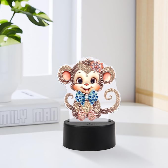 JISHSHAY Diamond Painting Night Light Diamond Art Table Lamps Gem Art LED Lights Gem Painting Desk Lamp Mosaic Kits for Adults DIY Kits for Adults Paint by Numbers,with Special Shaped Crystal,Monkey