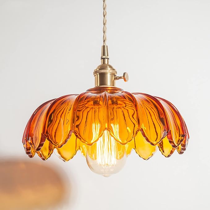 Amber Glass Pendant Light Fixtures Medium 9.8 Inches Lampshade Gold Brass Finish and Switch Vintage Pendant Ceiling Lamp Copper Pendant Lighting (Amber)