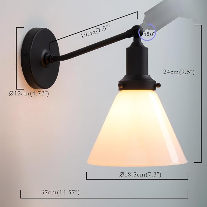 Industrial Vintage Slope Pole Wall Mount Single Sconce with Funnel Flared Milk White Glass Shade Matte Black Wall Sconce Light Lamp Fixture