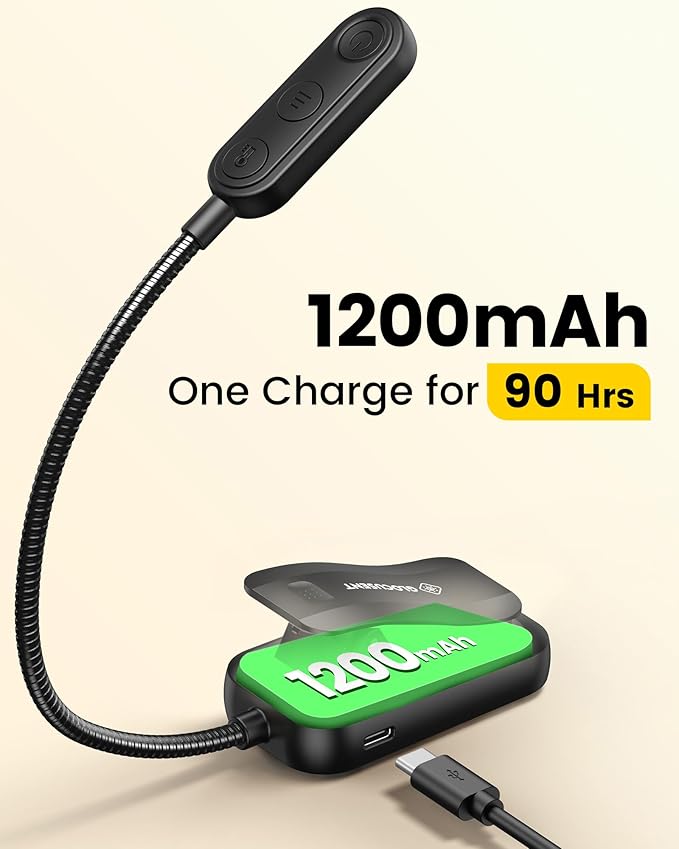 Glocusent 20 LED Reading Lights for Books in Bed, Eye Caring Reading Light | 5 Colors & 5 Brightness 3–100LM Dimmable, 1200mAh Rechargeable Book Light to 90H, Lightweight Clip on Light for Book Lovers