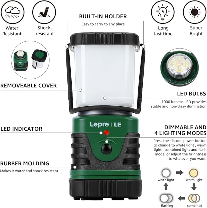 Lepro 1000LM LED Camping Lantern Rechargeable, 4400mAh, 4 Light Modes | Tent Light, Camping Essentials, Waterproof Lantern Flashlight for Camping, Emergency Light, Power Outages, USB Cable Included