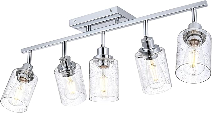 5-Light Chrome Track Light Fixture Ceiling Track Lighting Kit with Seeded Glass Track Lighting Heads Ceiling Vanity Light, Multi-Directional Rotating Spotlight Fixtures for Kitchen Accent Shop