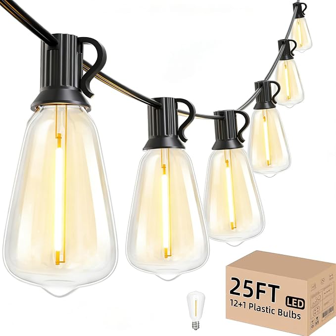 Svater Outdoor String Lights 25 FT, Patio Light Outside Waterproof 13 Bulbs | Shatterproof Dimmable ST38 LED Edison Bulb, Connectable Hanging Lighting for Cafe Bistro Party Porch Warm White 2700K