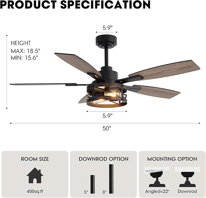 50 Inch Ceiling Fans with Lights and Remote & APP Control, Farmhouse Ceiling Fan with LED Lighting for Bedroom Living Room and Patio, Black Caged Ceiling Fan for Indoor and Outdoor(NO BULBS）