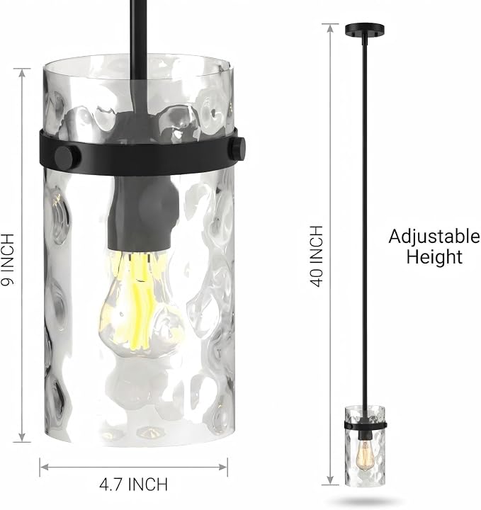 Modern Clear Wavy Glass Pendant Light 2 Pack - Thick Glass Adjustable E26 Hanging Lamp with Elegant Warm Glow for Kitchen Island, Dining Room & Hallway