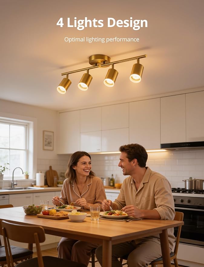 Bojim Track Lighting Fixtures Ceiling Mount for Kitchen, Gold 4 Way LED Spot Lights Indoor, Flexible Modern Track Light GU10 Socket for Dining Room, Bulbs Not Included