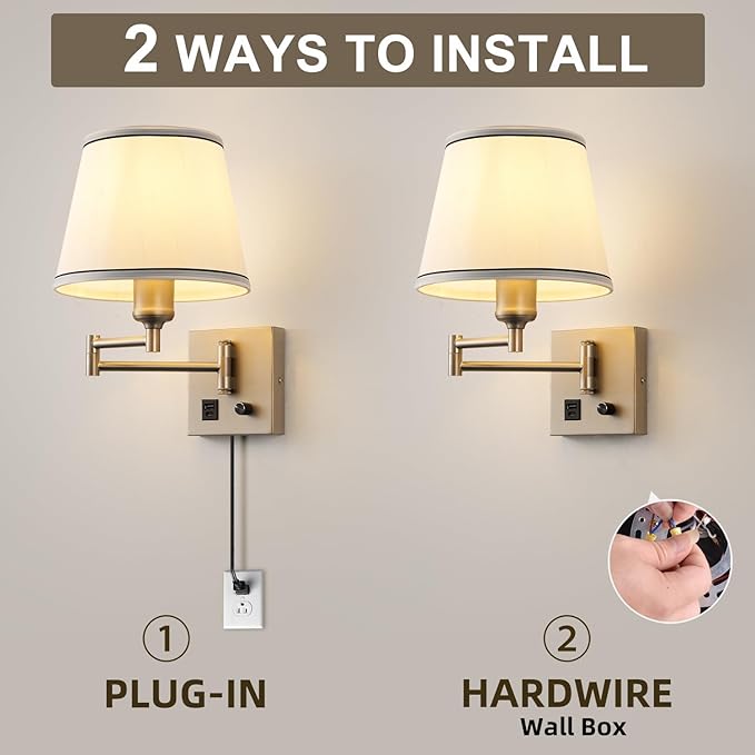 Swing Arm Wall Lamp with Type-C and USB Charging Port Wall Mounted Lamp with Dimmable Switch Plug in Wall Sconces White Fabric Shade Perfect for Bedside Living Room Reading Nook Office Satin Nickel