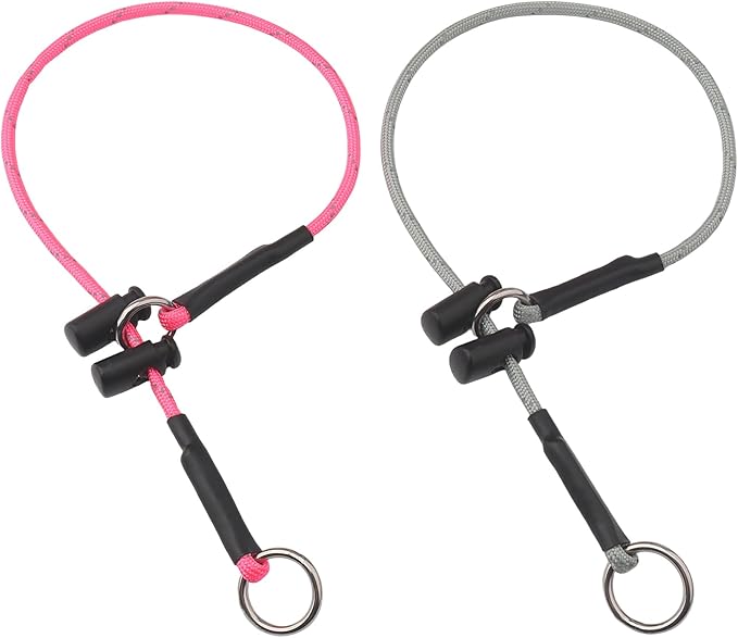 16" Dog Slip Collar – 5/32" Paracord Rope Dog Collar with Spring-Loaded Stopper & Stainless Steel O-Ring, Reflective for Low-Light Visibility (Pink & Light Gray)