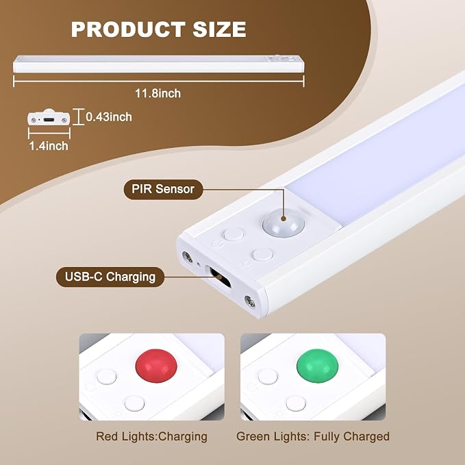 12 Inch Under Cabinet Light, USB Rechargeable Dimmable Motion Sensor LED | Clip-On Adhesive Wireless Mount, Tool-Free Install for Kitchen, Pantry, Wardrobe, Counter, Hallway, Stairs