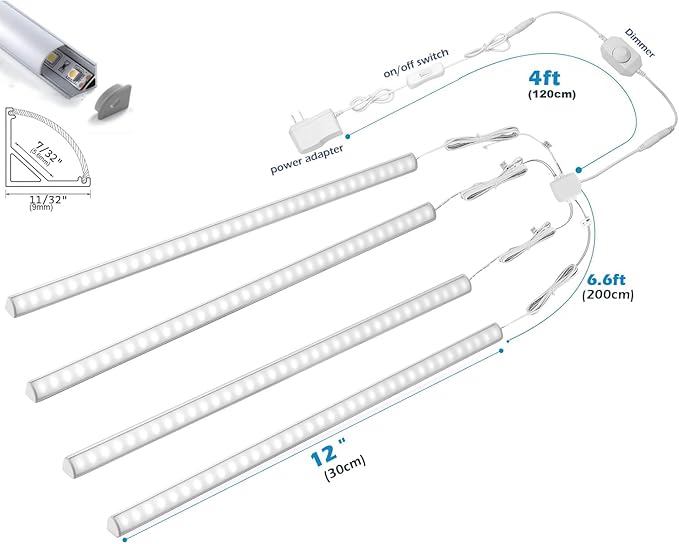 V-Shape Under Cabinet Lighting Kit - 4pcs Sleeker 12" Dimmable LED Light Bars for Showcase Shelf Seamless Illumination - 1200lm, 12W - Pure White (6000K)
