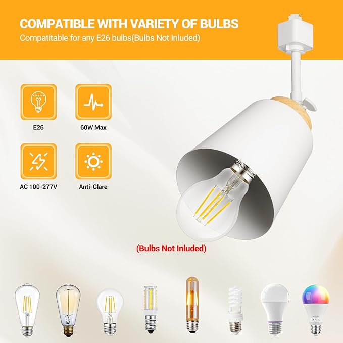 H Type Track Lighting Heads with Lamp Shade, White 4 Pack -No Bulbs | E26 Track Light Ceiling Modern for Kitchen, Compatible with H Track Lighting Rail System, Wood Style Pendant Light Fixtures
