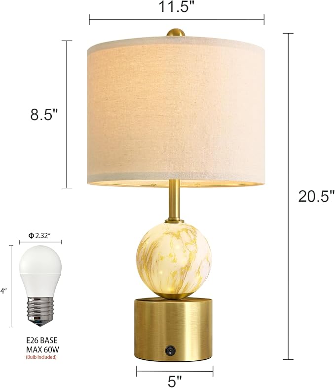 20.5" Small Bedside Table Lamps for Bedroom Nightstands, Gold Glass Modern Table Lamps Set of 2 with USB A+C Charging Port, Night Light, Luxury Lamps for Living Room End Table(Bulbs Included)